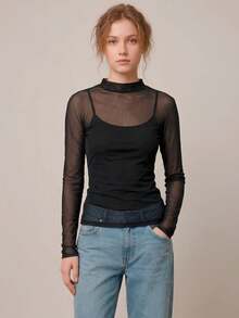Blusa Segunda Pele Feminina Tule Transparente Manga Longa Gola Alta Ajustada Moda Blogueira Elegante - Preto - Visão 1