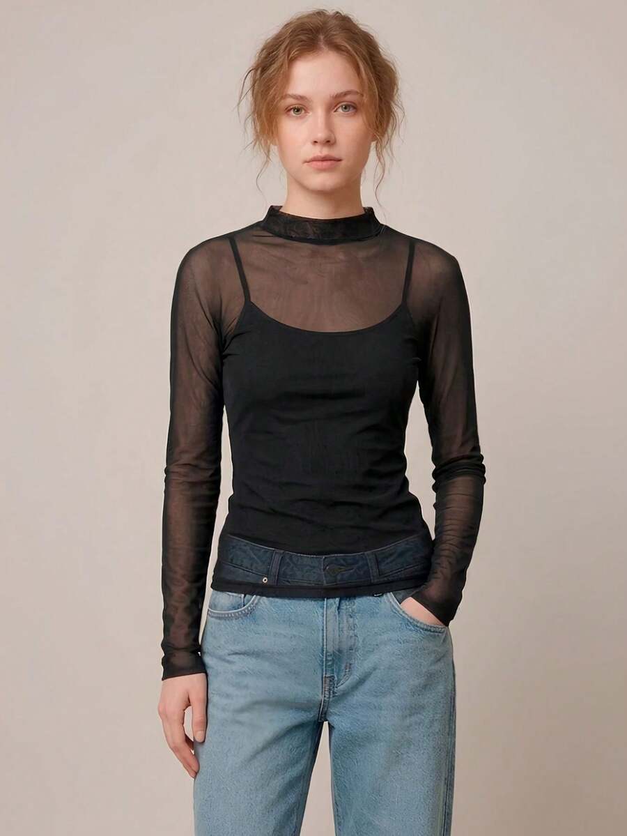 Blusa Segunda Pele Feminina Tule Transparente Manga Longa Gola Alta Ajustada Moda Blogueira Elegante - Preto - Visão 1