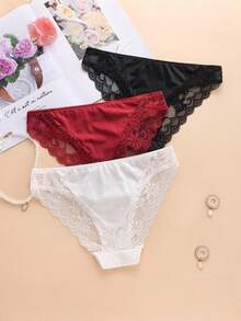 3 Sets Women Floral Lace Bra & Panty Lingerie Sets, Removable Straps Balconette Bra With Bow Decor, Matching Lace Briefs Intimate Underwear - Multicolor - View 6