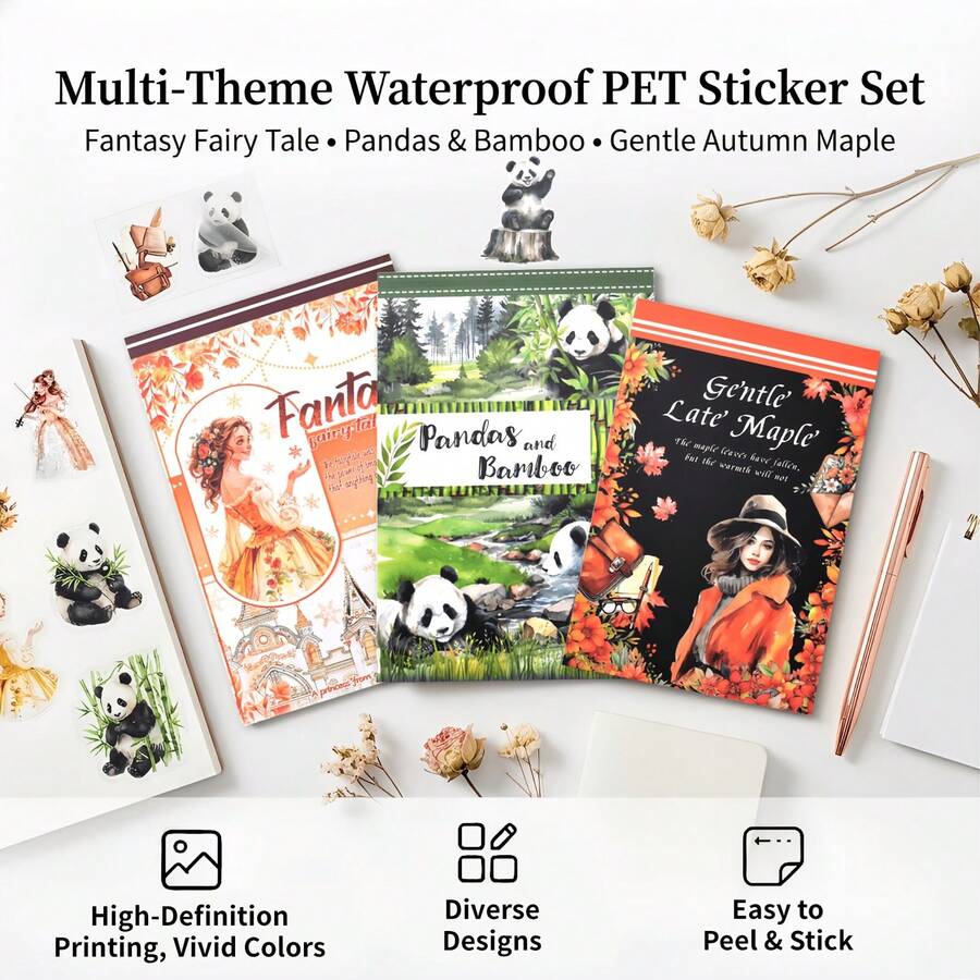 20Sheets Large Size Waterproof Dual-Material Beautiful Lady Washi PET Sticker Book Panda Stickers Set For Scrapbooking Junk Journal Planner - 20 Sheets Large Size - View 1