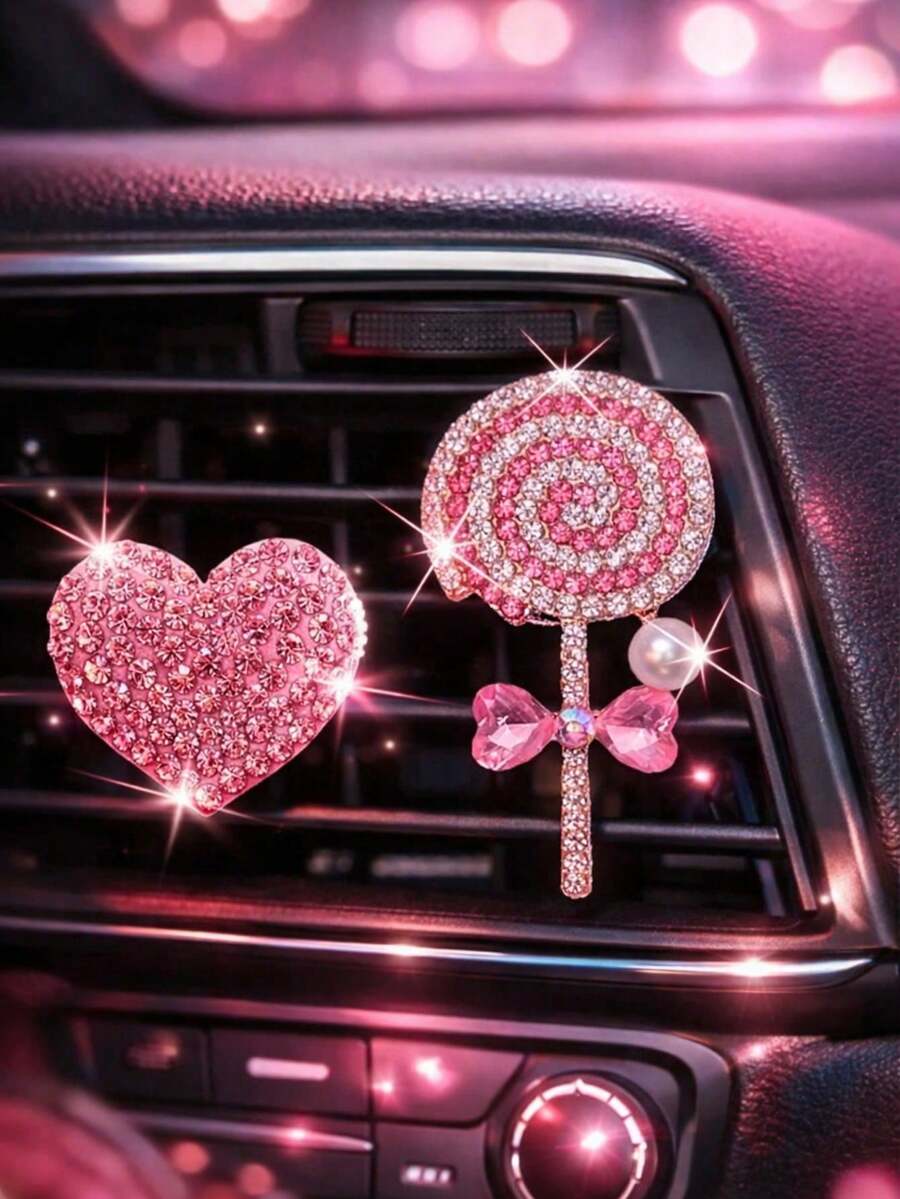 2pcs/Set Rhinestone Heart & Lollipop Shaped Car Air Vent Decoration Clips, No Fragrance - one-size - View 1