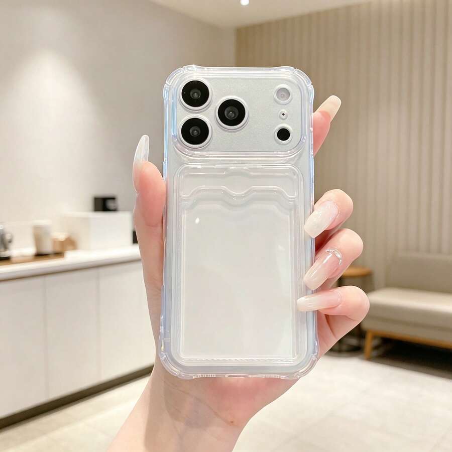1pc Fashionable Portable Integrated Card Holder Transparent Four-Corner Shockproof Phone Case, Lens Protection, Shockproof, Fashion, Premium, Luxury, Suitable For Gifts To Family And Friends, Compatible With IPhone 17 16 15 14 13 12 Pro Max/ S26 S25 S24 S23 Ultra A57 A37 - Clear - View 1