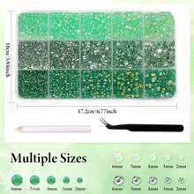 15格平底樹脂水鑽 2mm/3mm/4mm/5mm/6mm 綠色，含水鑽拾取筆與鑷子，適用於美甲DIY水鑽手工藝美甲飾品 - 綠色 - 查看 2