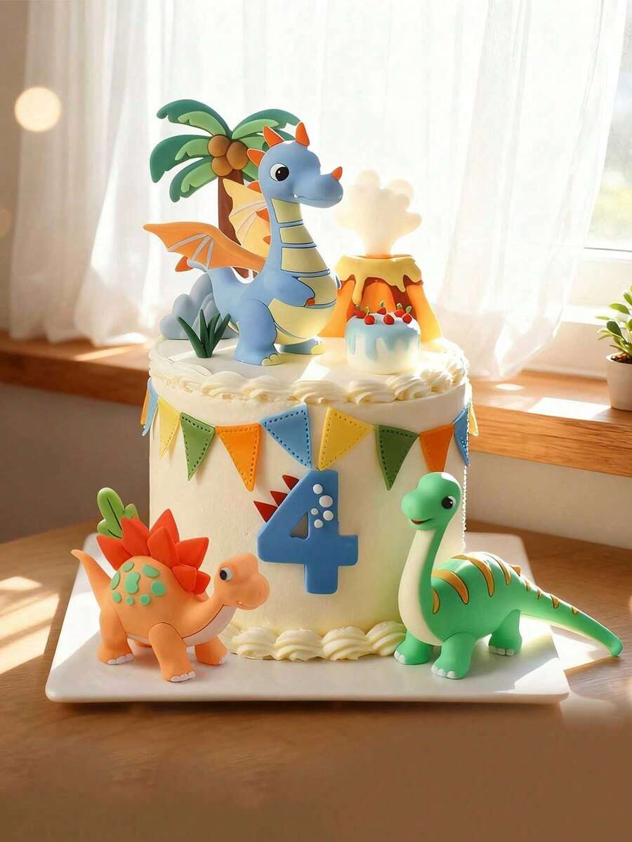 1pc Dinosaur Clay Cake Topper, Includes Volcano, Palm Tree And Number Topper, Jurassic Boy 1st Birthday Decoration, Not A Toy, Please Keep Away From Children Under 14 - Multicolor - View 1