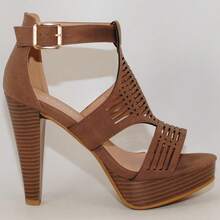 Western Bootie Stacked Heel Open Toe Cutout Shoes - Brown Nb - View 4