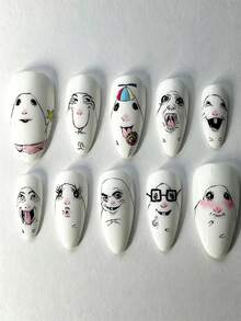 30pcs Fun Quirky Cartoon Face Black & White Line Art Design Medium Almond Shape Press-On Nails, Suitable For Girls And Women To Create Unique Nail Art Styles For Campus Activities, Theme Parties Or Outings - Multicolor - View 1