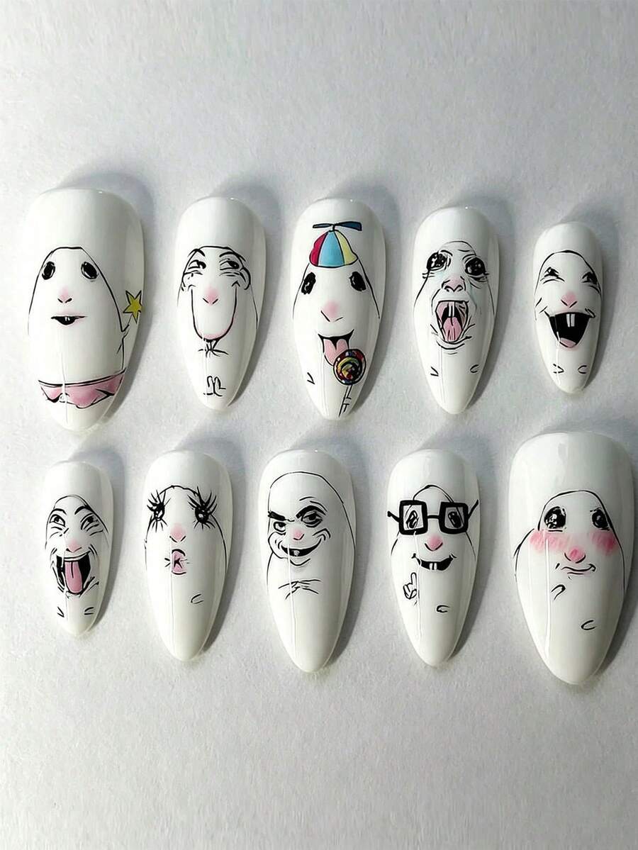 30pcs Fun Quirky Cartoon Face Black & White Line Art Design Medium Almond Shape Press-On Nails, Suitable For Girls And Women To Create Unique Nail Art Styles For Campus Activities, Theme Parties Or Outings - Multicolor - View 1