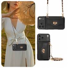 eaacaa Apple Card Holder Phone Case, A Perfect Fit Phone Case With Protective Function, Crossbody Wallet Phone Case Design, Paired With Pearl Chain, Suitable For Various Occasions, Durable And Sturdy, Perfect As A Loving Gift For Parents And Partners - Black - View 2