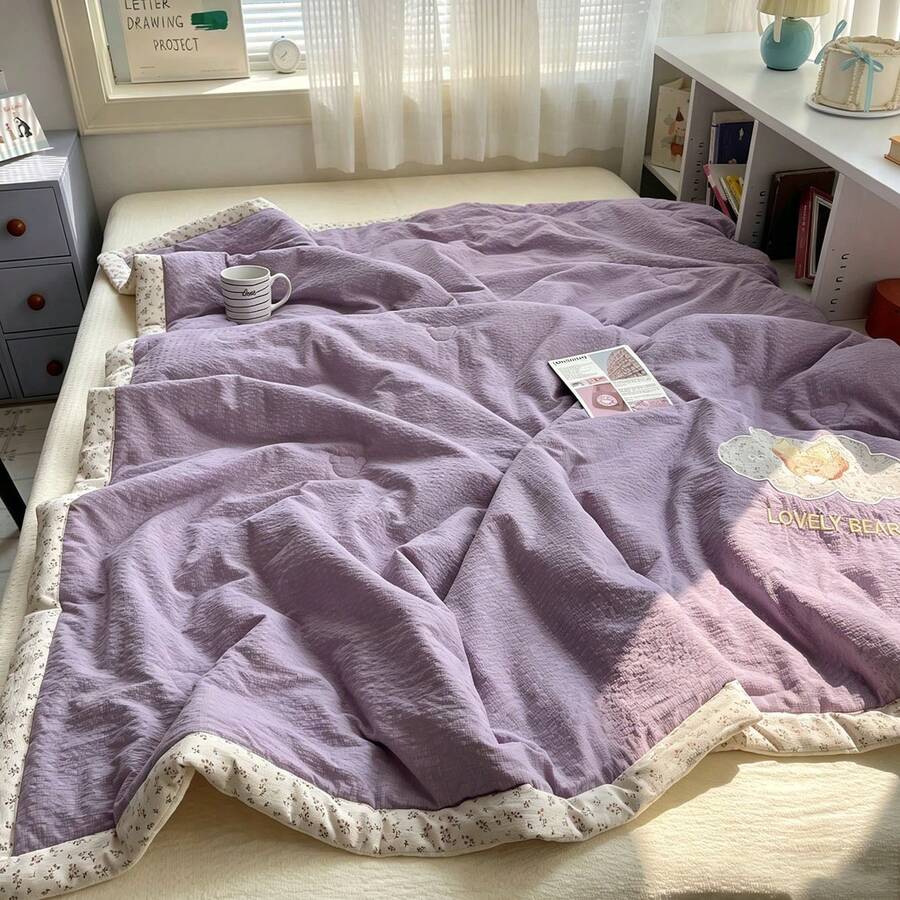 1 pieza Edredón delgado con ribete floral, estilo patchwork, edredón de aire acondicionado de verano, ropa de cama acolchada, estilo pastoral lindo, diseño de encaje suave & cómodo, adecuado para dormitorio, habitación, apartamento, primavera y verano, funda de almohada no incluida - Morado - Ver 1