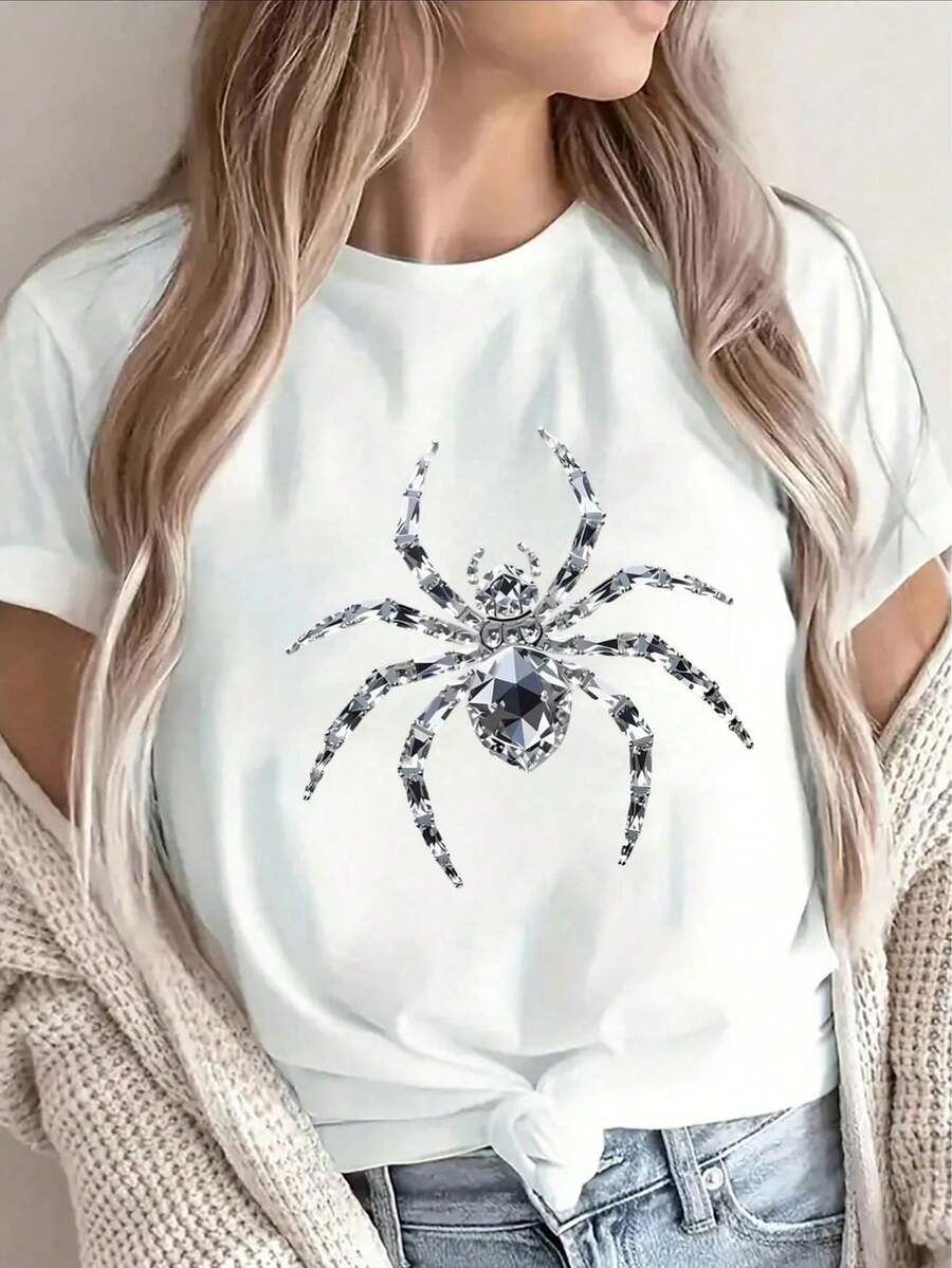 Lightweight And Durable Short-Sve T-Shirt Made Of Featuring A Sparkling Spider Design, I For Casual Wear, Halloween Celeions, Or Daily Outfi, Providing Comfortable Fit Women - 白色 - 查看 1