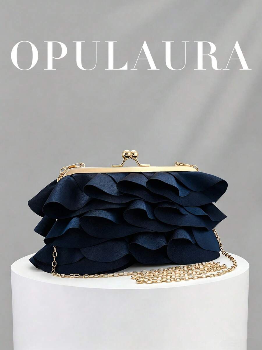 OpulAura 女士精緻迷人花瓣宴會手拿包,荷葉邊設計晚宴手提包,晚禮服搭配包,適用於婚禮/度假/正式派對/舞廳及其他場合,附鍊條,花瓣造型隨機發貨 - 藏蓝色 - 查看 1