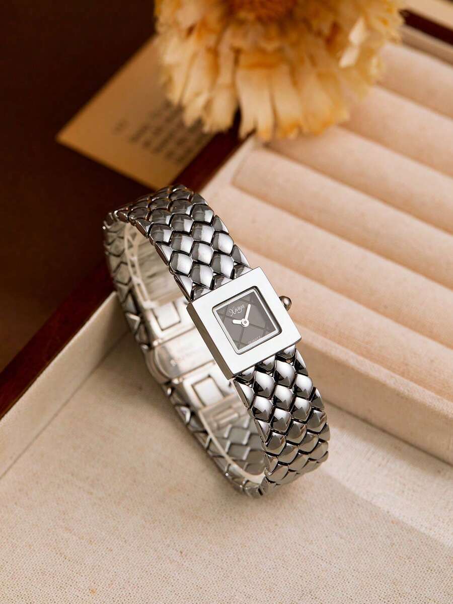 XIVIYA 1pc Women's Gold Vintage Rhombus Design Steel Strap Waterproof Watch, Heavy Craftsmanship, Premium Feel, Holiday Gift, Suitable For Parties, Daily Commute, Exquisite And Elegant Styling - Silver - View 1