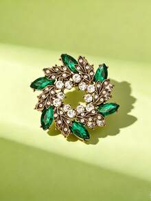 1pc Vintage Emerald Green Brooch, Luxury Zirconia Floral Wreath Design, Versatile Accessory To Enhance Elegant For Coats And Suits, Suitable For Gifting And Personal Use - Multicolor - View 3