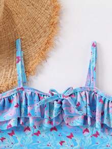 Cute Spaghetti Strap Ruffle 2 Pieces Bathing Suit For Girls 4-8 Years Old, Butterfly Print For Pool, Beach & Hot Spring - Baby Blue - View 3