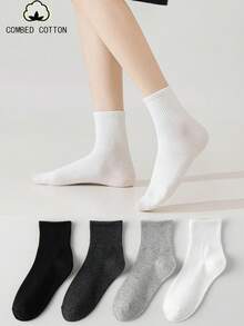 4 Pairs Women's Mid-Calf Socks, All-Season Jacquard Solid Color Waist-Cinching Breathable Cotton Socks, Personalized Street Style Socks, Soft Comfortable Casual Fluffy Socks, Black And White, Suitable For Daily Outings, Home, Office, Campus, Sports - Multicolor - View 1