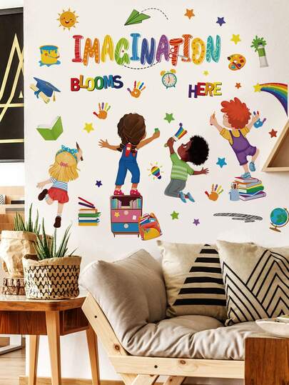 1pc Cartoon Multi- Children's Wall Decal, Imagination & Positive Character Education Decorative Sticker, Self-Adhesive Waterproof Oil-Proof Removable, Kids Room Kindergarten Classroom Wall Transformation Tool, Suitable For Children's Room, Bedroom, Kindergarten Classroom, Early Education Center, After-School Care Class, Etc.