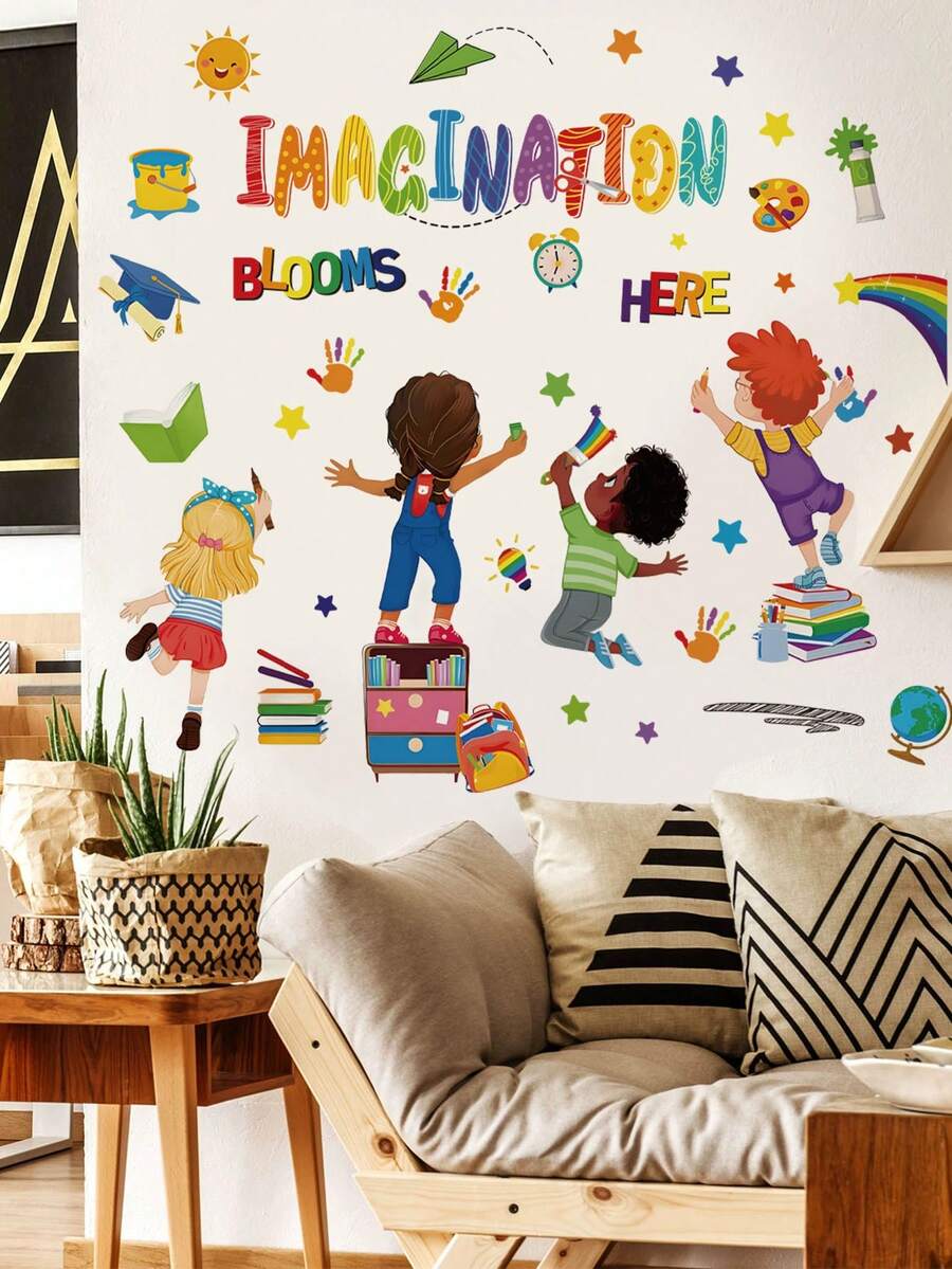 1 Inspirational Cartoon Self-Adhesive Wall Sticker, Imagination Slogan Style / Good Character English Word Style, Removable PVC Sticker For Living Room, Bedroom, Or Kindergarten Classroom DIY Wall Decoration - Wall Stickers - View 1