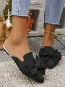Plus Size 35-45 Bow Pointed Toe Flat Shoes For Women, Black Fabric Slip-On Flats, French Vintage European & American Sweet Ballet Style, Soft Sole Comfortable Non-Tiring, Spring/Summer New Work Commute Casual Vacation Versatile Daily Shopping Lightweight Elegant Elegant Slimming Brightening Anti-Slip Durable Premium Niche Design Low Vamp Slip-On Soft Commuter Shoes - Black Fabric (black Bow) - View 5