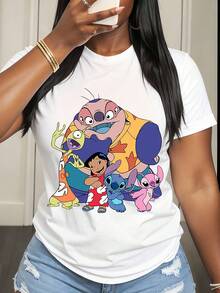 Disney Lilo And Stitch Characters Print T Shirt Women Casual Summer Fashion Streetwear Style - 白色 - 查看 1