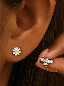 1 Pair Cute Flower & Bee Stud Earrings, Designed For Women, Suitable For Wedding, Engagement, Anniversary Party, Valentine's Day Gift - 1# - View 3