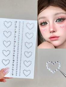 1 pieza Pegatina facial de strass con contorno de corazón, combinación de corazón hueco + rayas lineales, respaldo autoadhesivo, estilo dulce para maquillaje de escenario, pegatina de strass con brillo para ojos & cara - Multicolor - Ver 3