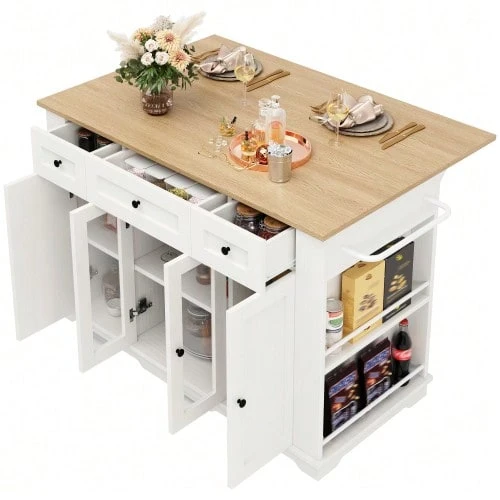 Kitchen Island, Removable Partitions, Kitchen Unit, Serving Cart With Worktop, Sideboard, Wood-Effect Serving Cart, Sideboard, Tempered Glass Display Cabinet, White - White - View 1