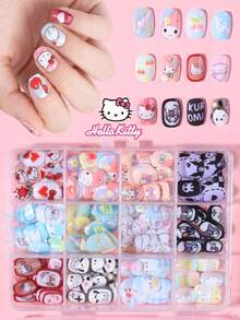 Sanrio Hello Kitty 288片/組（12款混搭設計）短方型法式穿戴式假指甲，可愛3D Hello Kitty、Kuromi、Cinnamoroll、Pompompurin圖案設計，完美貼合壓克力假指甲套組，適合女孩日常與派對美甲 - 彩色 - 查看 1