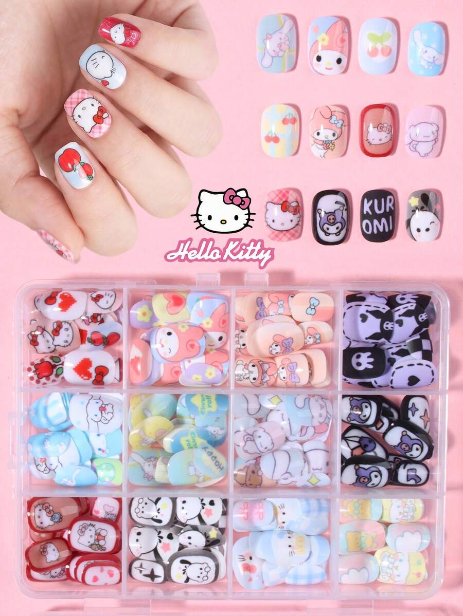 Sanrio Hello Kitty 288片/組(12款混搭設計)短方型法式穿戴式假指甲,可愛3D Hello Kitty、Kuromi、Cinnamoroll、Pompompurin圖案設計,完美貼合壓克力假指甲套組,適合女孩日常與派對美甲 - 彩色 - 查看 1