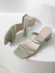Sandal Wanita Polos, Ujung Terbuka, Ujung Persegi, Tali Ganda, Hak Tebal, Model Mule, Warna Hijau Mint, Sepatu Modis untuk Pesta Musim Panas, Liburan, dan Pemakaian Sehari-hari - Mint Green - View 3