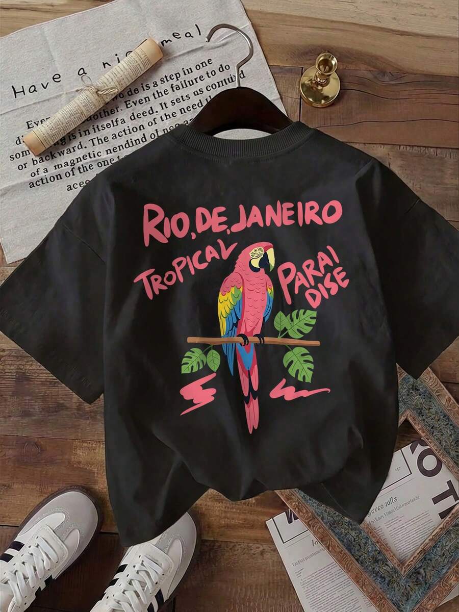 2026 Summer New Arrival Unise [Front And Back Images] Women'S Fashion Top, Women'S Summer Clothing, Tropical Style, Round Neck Short Sleeve T-Shirt Wi - Black - View 1