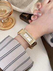 1pc Barrel-Shaped Exquisite Women's High-End Black Steel Band Quartz Movement Wristwatch - Gold - View 7
