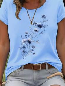 Elegant Watercolor Floral Print T-Shirt + Short Sleeves + Round Neck + Casual Spring And Summer Clothing For Women - 藍色 - 查看 8