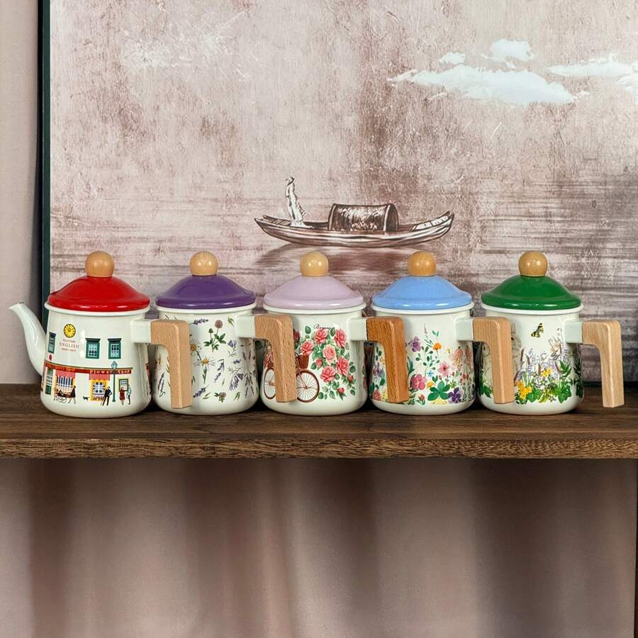 Fresh Pastoral Healing Style + Lavender Daisy/Rose Bicycle/Cute Rabbit Floral/Colorful Wildflowers/British Street Multi-Pattern + Straight Round Body + Solid Wood Heat-Resistant Handle + Wooden Round Knob Lid + Even Heat Conduction/Drop-Resistant Easy To Clean/Large Capacity Water Storage + Enamel Hand-Painted Coffee Kettle + Suitable For Family Daily Brewing/Kitchen Countertop Storage/Afternoon Tea Hosting/Home Leisure Scenes - Multicolor - View 1