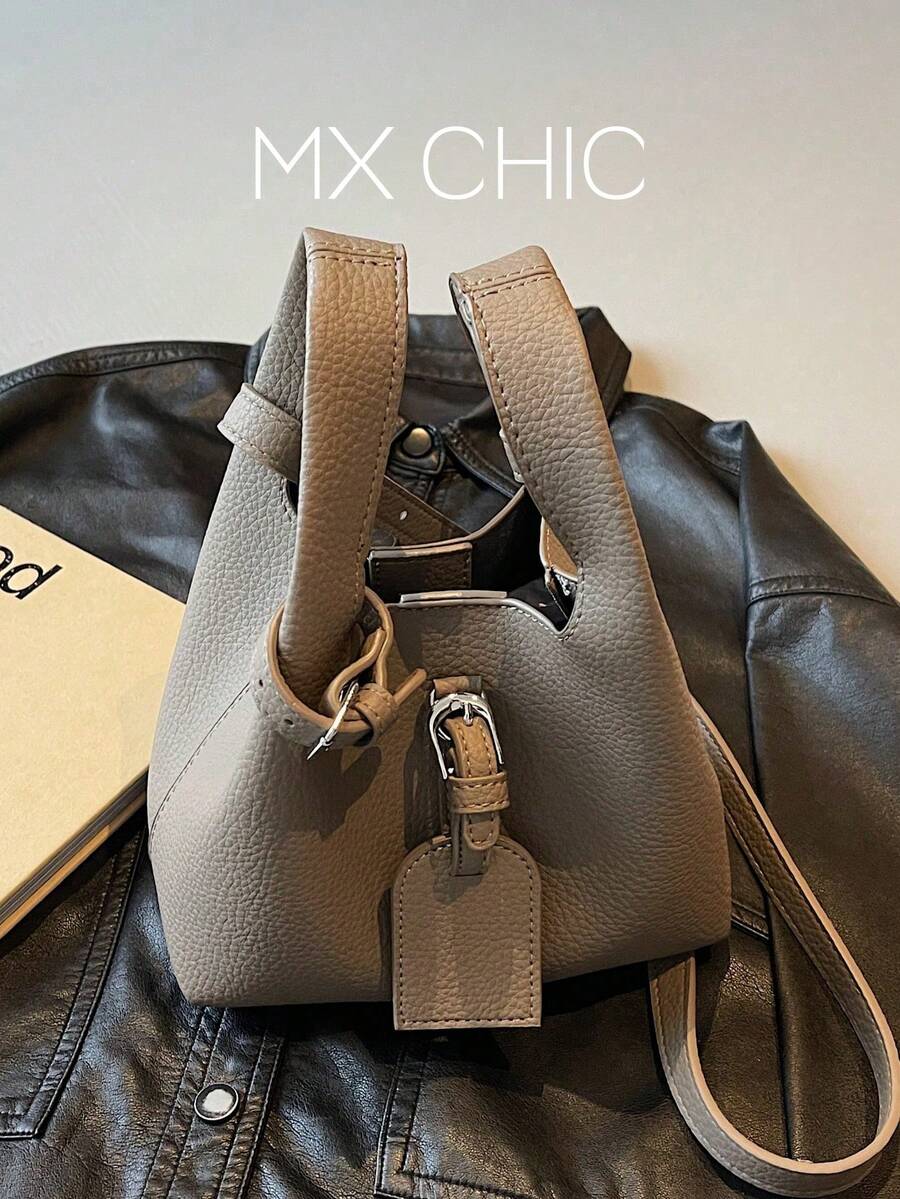 休閒極簡風 PU 皮革單肩包/斜挎包/手提包,附內口袋,復古風格,靜奢風 - 灰色 - 查看 1