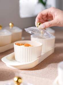 1 Set Transparent/Beige Round Dish Set, Snack Dried Fruit Candy Storage Dish, Luxury Holiday Food Storage Dish Set - Milky White With Transparent Lid - View 4