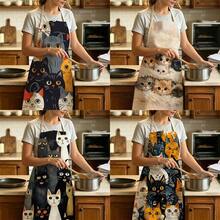 1 pièce Tablier imprimé chat empilé de style dessin animé - Design sans manches, coupe durable et confortable, avec motifs de chats multicolores noir, blanc et orange, convient pour la cuisine, la cuisson et le nettoyage de la maison, le nettoyage ménager, le tablier de ménage, l'uniforme de maison, le tablier de jardinage peint à la main fait main, cadeau de vacances amusant - Multicolore - Voir 3