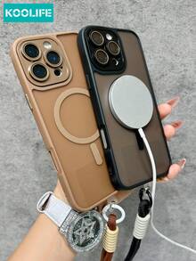 KOOLIFE 1pc Light Khaki Magnetic Phone Case With Wrist Strap, Matte Finish & Textured Camera Ring, PC+TPU Shockproof Protective Shell, Supports Magnetic Wireless Charging, Casual Style Back Cover, Compatible With Apple 17/17pro/17promax/17Air/16/15/14/13/12/11 - Grey - View 8