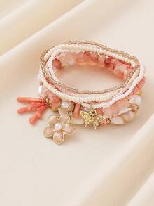 6pcs Bohemian Summer Vacation Style Creative Mix & Match Fashion Personalized Handmade Beaded Bracelet Set With Coral, Butterfly, Plumeria Charms, Layered, Multi-Strand, Elastic, Beaded, Suitable For Women, Bar, Party, Music Festival, Large Gathering, Perfect Gift For Friends And Family, All Seasons, Casual, Commute, Travel, Daily Wear - Flowers/Butterflies - View 5