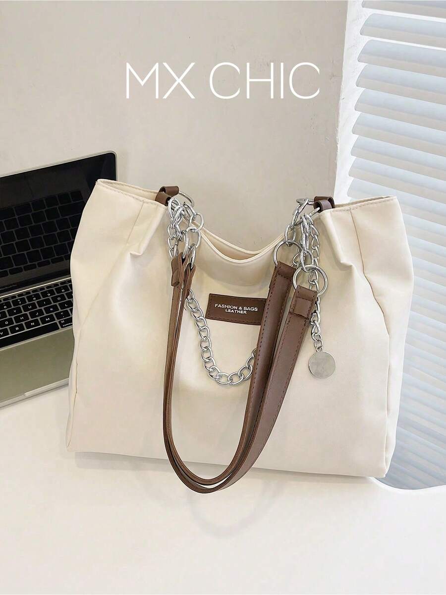 Women's Solid Color Chain Decor Shoulder Bag, Minimalist Lightweight Large Capacity Shopping Bag, Suitable For Daily Office And Travel - Beige - View 1