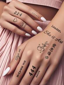 女性勵志文字臨時紋身貼紙，極簡手指與手部紋身貼花，含字母、數字、符號與美學金句 - 黑色 - 查看 3