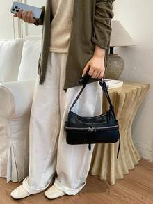 1 pieza Bolso bandolera de moda para mujer, tela de cuero PU de unicolor, bolso de hombro con forma de media luna para mujer, decoración con cremallera, correa de hombro ajustable, adecuado para viajes, fiestas, desplazamientos y otras ocasiones. Regalo para mujer, compras, trabajo, citas, oficina - Negro - Ver 6