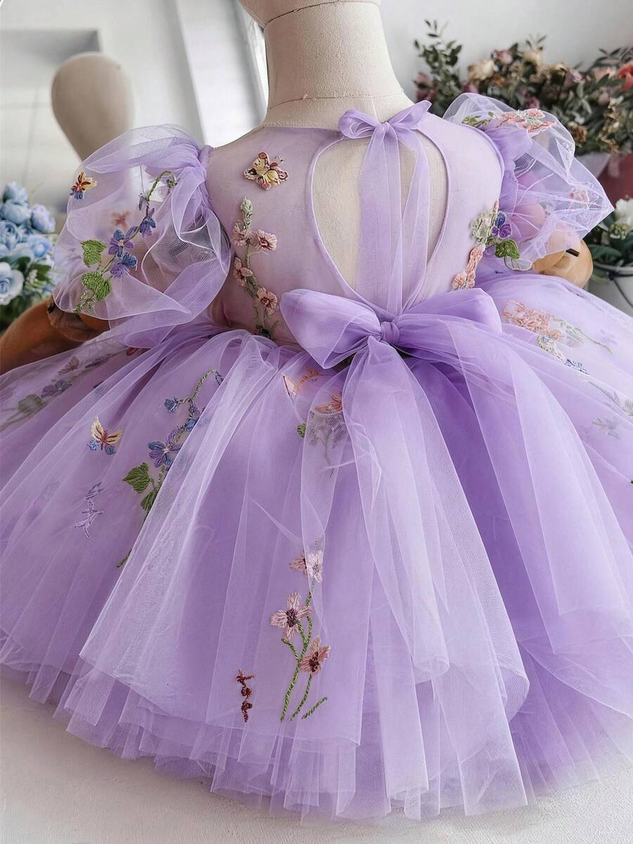 女嬰刺繡花瓣袖鏤空露背網紗公主裙,適合女孩生日派對、花童婚禮、重要場合、節日慶祝穿搭 - 淡紫色 - 查看 1
