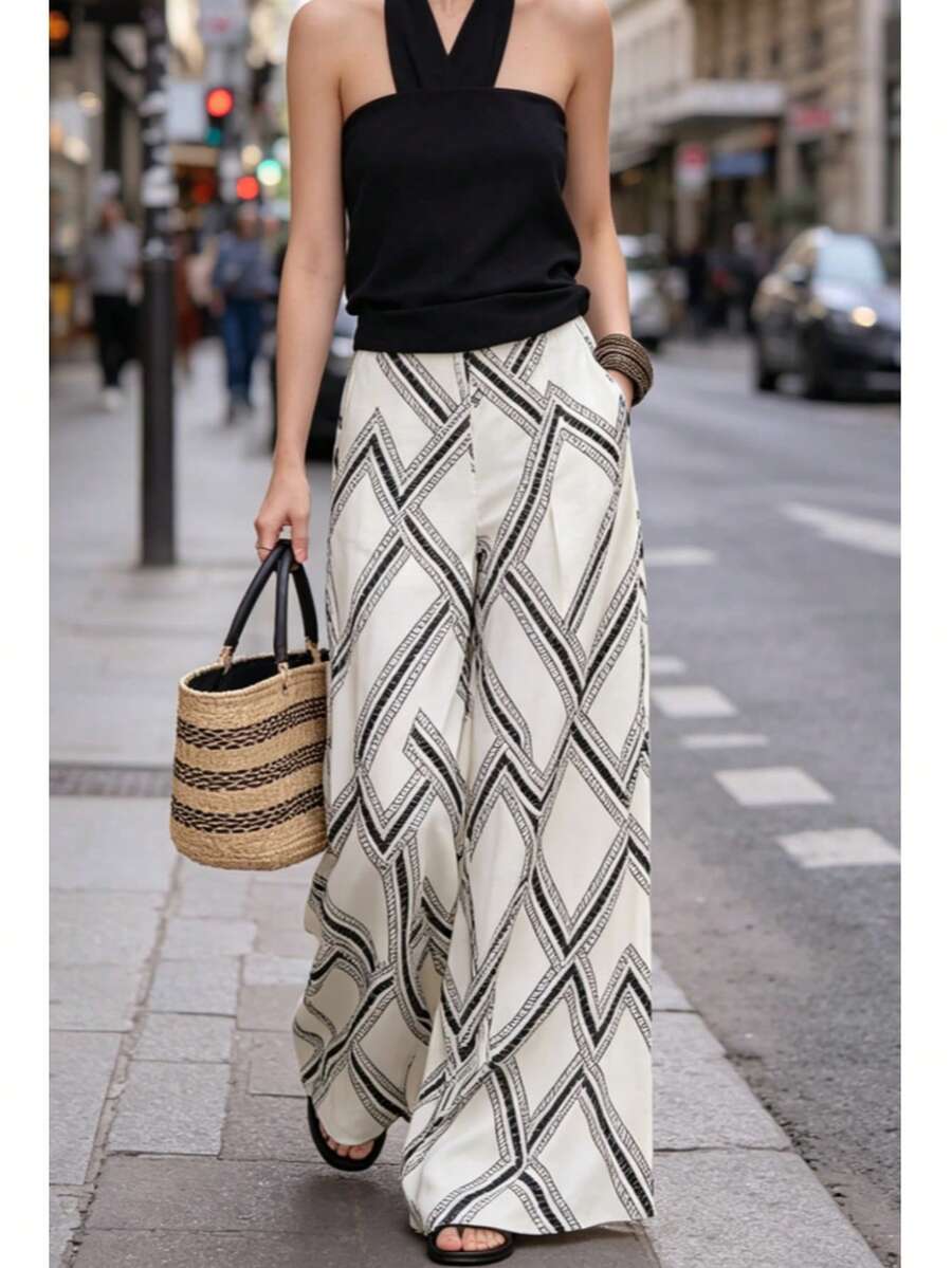 2026 Summer New Plaid Linen Wide Leg Pants, Loose Casual Dragging Trousers For Women Vacation White - White - View 1