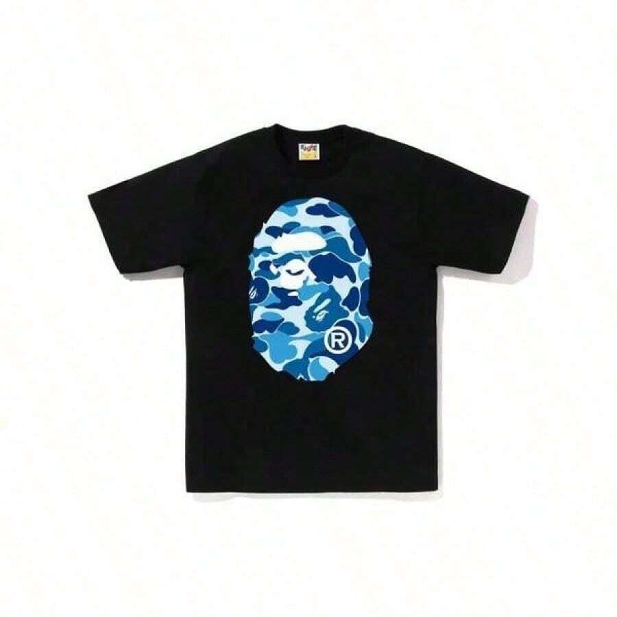 Versatile Fit Men's T-Shirt, Breathable Cotton T-Shirt For Men, Graphic T-Shirt For Men - Black With Blue Mask Print - Lightweight Summer T-Shirt - 黑色3 - 查看 1