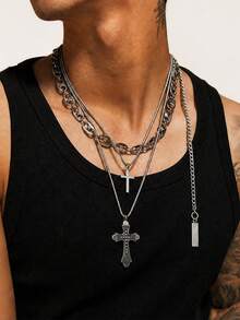 1pc Fashionable Cross Geometric Hip-Hop Style Metal Material Silver Men's Multi-Layer Necklace Suitable For Outdoor Party Wear Accessory - Multicolor - View 1