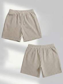 Men's Summer Striped Crew Neck Casual T-Shirt And Casual Shorts Beach Set - Light Grey - View 5