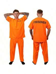 1 Set Kostum Cosplay Dewasa Peran Narapidana Seragam Penjara <Termasuk Atasan + Celana> - Burnt Orange - View 10