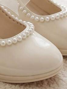 Best Seller - 3-12 Years Old Girls Light White High Heels, Glossy Pearl Trim, Mesh Bow, Gentle And Exquisite Style - Beige - View 5