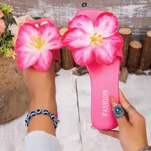 Women's Fashionable Rose Red Floral Sandals, Flat, Square Toe, Non-Slip, Suitable For Outdoor Wear, Vacation, Beach, And Casual Use. Hawaiian Style Floral Sandals, Soft Sole, Non-Slip, Sweet And Casual Sandals For Beach Outings. Simulated Large Floral Decoration Sandals, Rose Pink Flat Square Toe Summer Vacation Sandals. - Rose Red - View 15