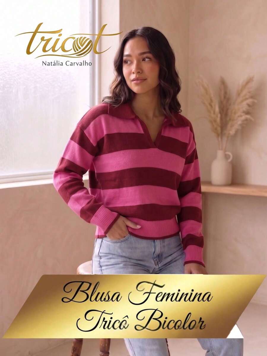 Women's Striped Knit Polo Neck Long Sleeve Ribbed Knit Sweater For Autumn/Winter - Red/Pink - View 1